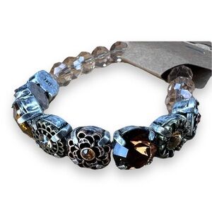 BEADED BRACELET SILVER BROWN BEIGE STRETCH GEM BOHO